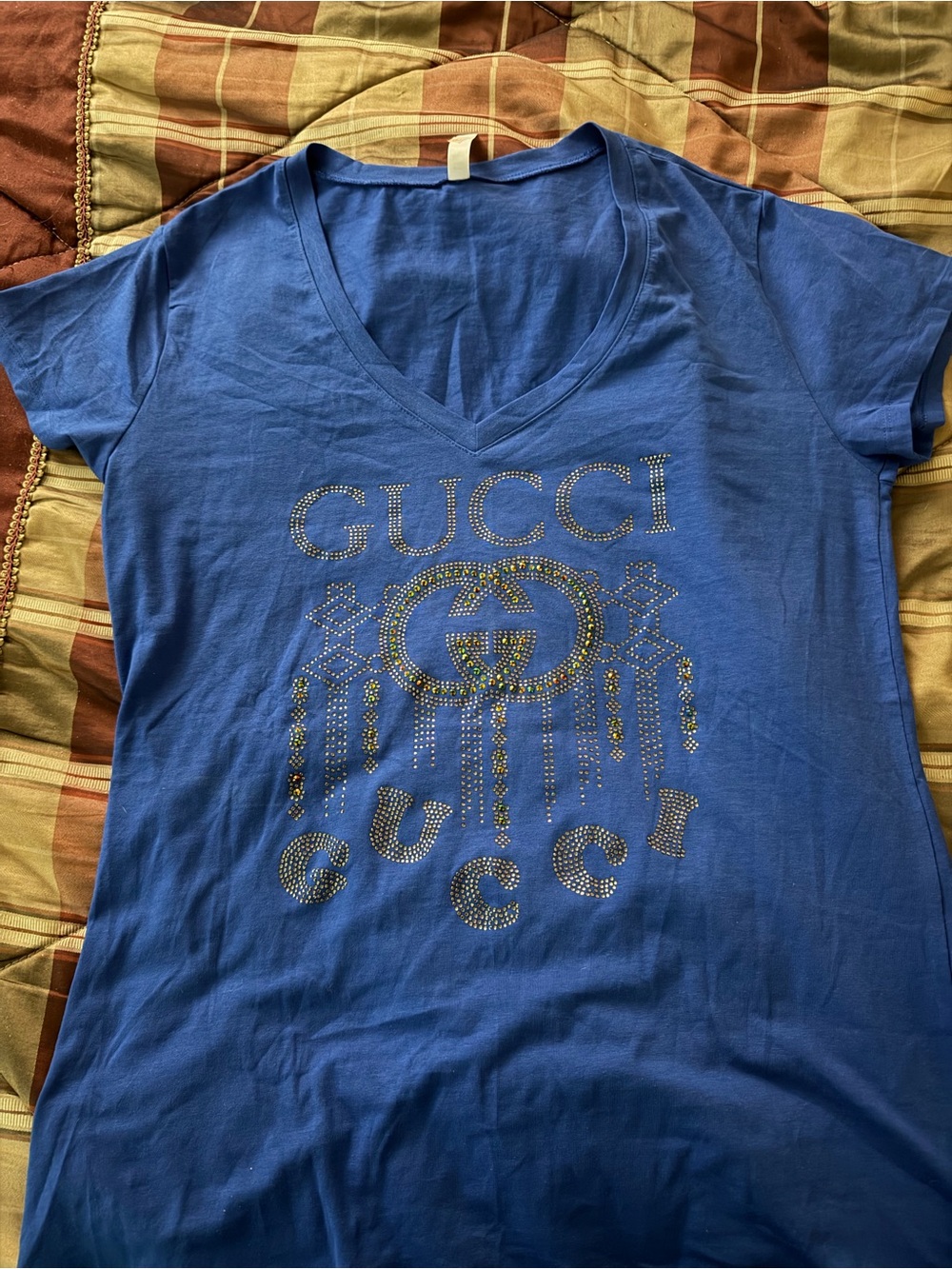 Blue V-Neck Logo Crystal Tee with Gucci